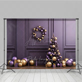 Aperturee Aperturee Elegant Christmas Photography Backdrop Purple and Gold Ornaments with Xmas Tree Modern Holiday Studio Photo Prop